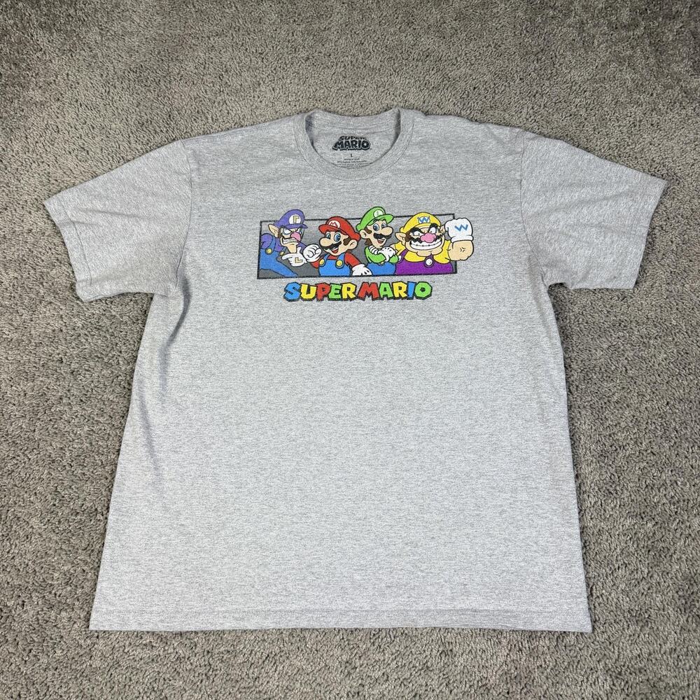 Super Mario Shirt Mens L Gray Mario Luigi Wario Waluigi Graphic Crew Neck